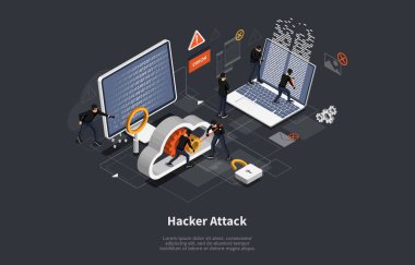 3D izometrik vektör illüstrasyonu, Phishing dolandırıcılığı, hacker saldırısı, mobil güvenlik konsepti, veri koruması, siber suç. Vektör illüstrasyonu