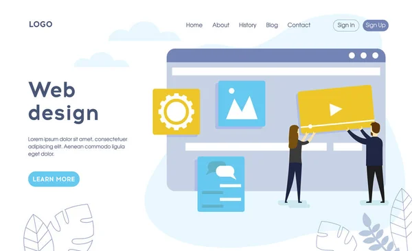 Modern web design concept. The team of web developers constructs a personal user account or admin panel for the website. Website development. Flat style. Vector illustration — ストックベクタ