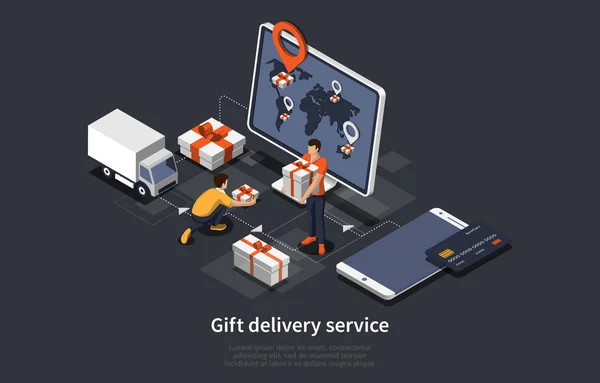Isometric gifts free Delivery service for online store. Gifts delivery with employees, transport, worlt map with labels. Modern illustration banners for website — Stock Vector
