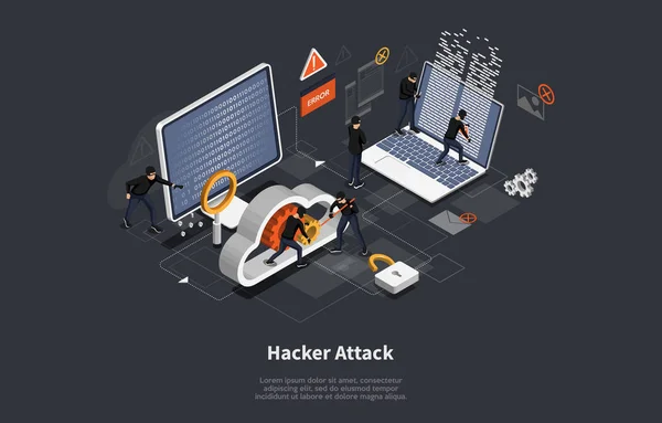 3D izometrik vektör illüstrasyonu, Phishing dolandırıcılığı, hacker saldırısı, mobil güvenlik konsepti, veri koruması, siber suç. Vektör illüstrasyonu