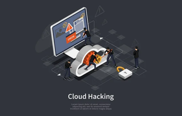 Ισομετρική έννοια δραστηριότητας χάκερ. Infographic πρότυπο με διακομιστές υπολογιστών σύννεφο hacking cyber κλέφτης σε απευθείας σύνδεση. Εικονογράφηση διανύσματος — Διανυσματικό Αρχείο