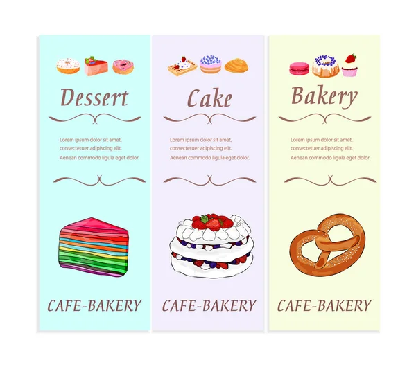 Bäckerei und Konditorei Desserts Banner-Set mit Text. frische süße Lebensmittel Cupcakes, Donuts und andere Backwaren Café Menü Flyer Design. flachen Stil. Vektorillustration — Stockvektor