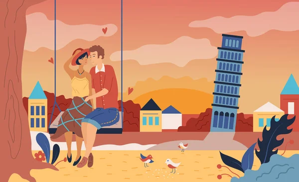 Ein romantisches Paar reitet auf einer Schaukel im Piza. flachen Stil. Vektorillustration — Stockvektor