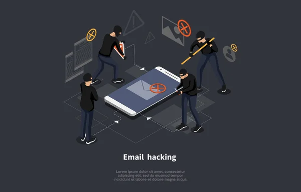 Conceito de hacking de e-mail isométrico. Hackeado login e senha. Rede e segurança na Internet. Anti vírus, spyware, malware. Estilo plano. Ilustração vetorial —  Vetores de Stock