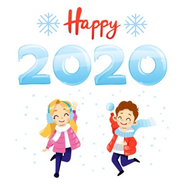 2020 yılbaşı tasarım kartı, kışın arka planda çocuklar ve mutlu mesajlar. Düz stil. Vektör illüstrasyonu