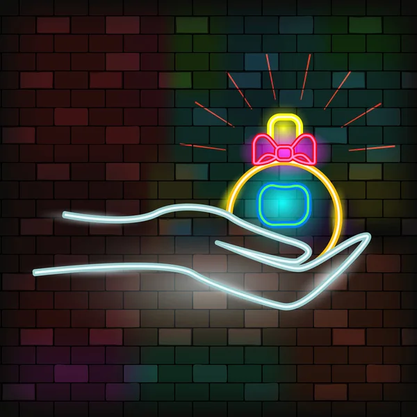 Vip neon图标。 人类的手与圣诞球在黑暗的砖头背景。 装饰和邀请函模板。 新年快乐的概念。 平淡的风格。 矢量说明 — 图库矢量图片