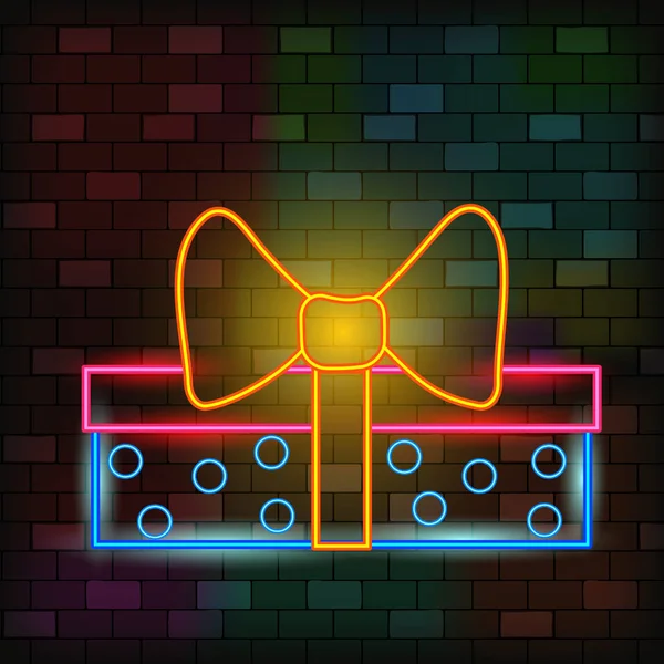 Vip neon图标。 霓虹灯礼盒,深色砖墙背景上有弓形图标. 圣诞快乐，新年快乐。 平淡的风格。 病媒图解 — 图库矢量图片