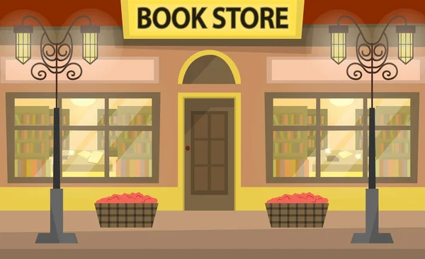 Bookstore building fa ade. A lot of books on the shelves. Literary shop. Flat style. Vector illustration — Stock Vector