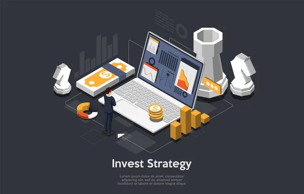 İş stratejisi kavramı. İşadamı büyük bir dizüstü bilgisayarın önünde duruyor ve büyüme istatistiklerine bakıyor. Bu işte başarı. 3D izometrik düz tasarım. Vektör illüstrasyonu