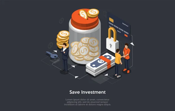 Isometric save investment concept. Large jar of coins, business people and credit card with reliable protection. Secure investment, insurance. Shield to protect savings. Vector illustration — ストックベクタ