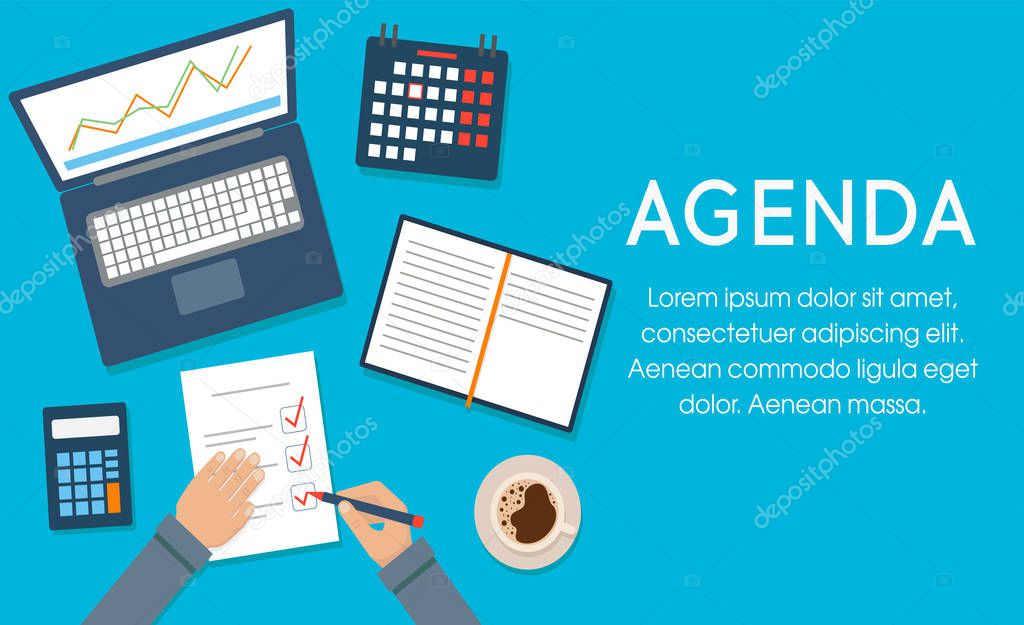 Agenda concept. Businessman at desktop writing agenda. Template, banner for web and print. Vector illustration, flat design. Writing in the clipboard list, time control
