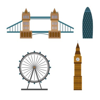 Beyaz arka planda izole edilmiş ünlü simgeler ve sembollerle Londra turistik afişi. Düz stil. Vektör illüstrasyonu