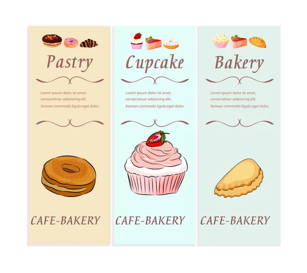 Panadería y pastelería pancartas de postres con texto. Cupcakes de alimentos dulces frescos y otros productos para hornear Diseño de folleto de menú de café. Estilo plano. Ilustración vectorial — Vector de stock