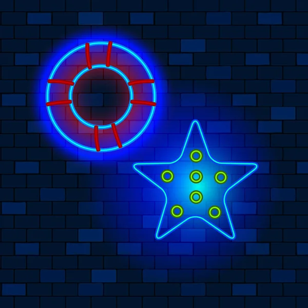 Vip neon pictogrammen concept. Neon Lifebuoy en zeester, blauwe gloeiende neon op de donkere bakstenen achtergrond. Vlakke stijl. Vectorillustratie — Stockvector