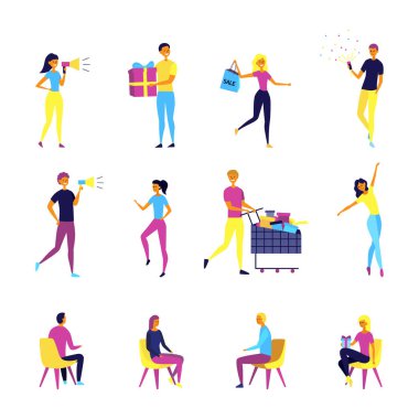 Mutlu alışveriş insanları. Erkekler, kadın alışverişçiler, hediye kutuları ve alışveriş çantaları. Çizgi film karakterleri ayarlandı. Düz stil. Vektör illüstrasyonu