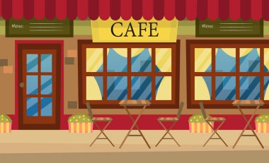 Kırmızı çizgili tenteli, masalı, sandalyeli sokak kafesi. Çizgi film tarzında rahat bir kafe. Düz stil. Vektör illüstrasyonu