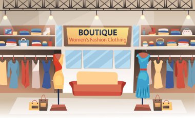 Modern kadınlar moda butik iç tasarımı ve kıyafetler. Düz stil. Vektör illüstrasyonu