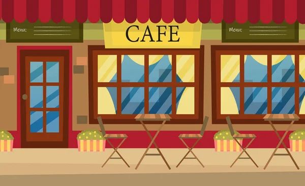 Utcai kávézó piros csíkos napellenzővel, asztallal, székekkel. Hangulatos kávézó külső rajzfilm stílusban. Lapos stílus. Vektorillusztráció — Stock Vector