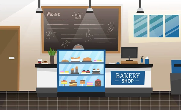 Interiér kresleného kavárenského pekařství. Pekárna s čerstvým pečivem na vitríně a velkým menu na stěně. Plochý. Vektorová ilustrace — Stockový vektor