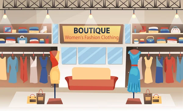 Modern kadınlar moda butik iç tasarımı ve kıyafetler. Düz stil. Vektör illüstrasyonu
