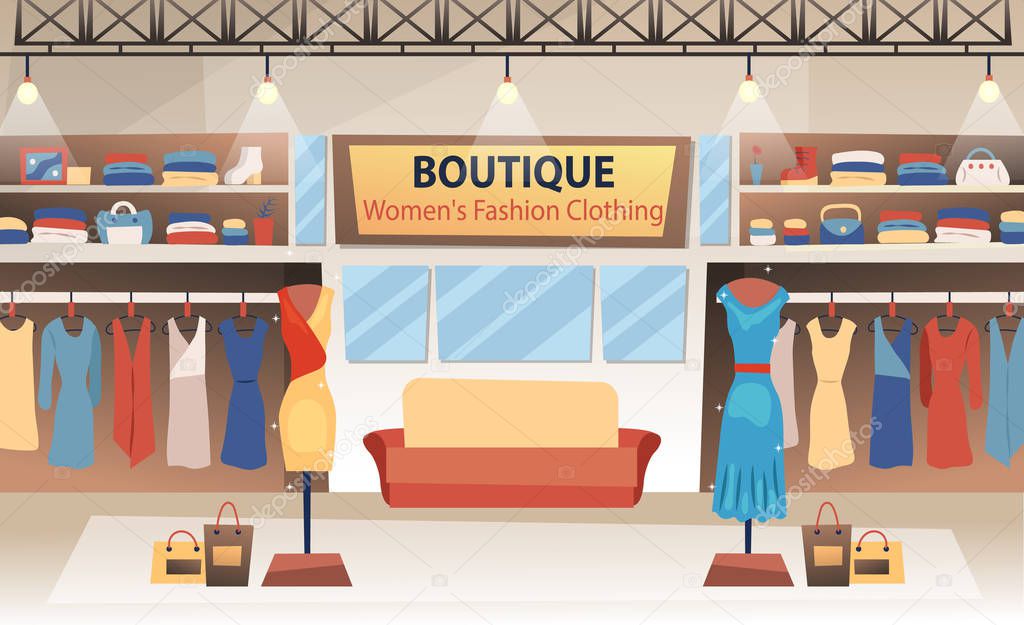 Modern women clothing fashion boutique interior design with clothes. Flat style. Vector illustration
