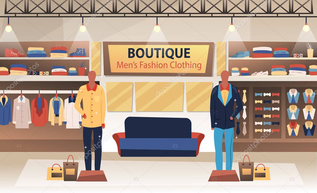 Interior of boutique of men s fashion clothing. Flat style. Vector illustration