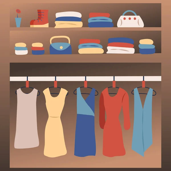 Damenkleider, Stiefel und Accessoires, Cocktailpartys und Arbeitskleider. flachen Stil. Vektorillustration — Stockvektor