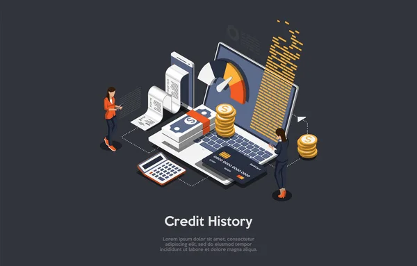 Isometryczna koncepcja historii kredytowej. Ludzie analizują, obliczają i sprawdzają historię kredytową. Ilustracja wektora — Wektor stockowy