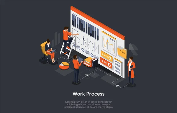 Isometrische werkprocesconcept. Zakenmensen plannen, corrigeren en analyseren hun bedrijfstijd. 3d isometrische karakter infographic interview concept. Vectorillustratie — Stockvector