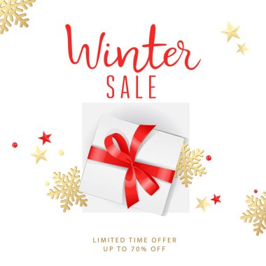Soyut arka planda kar taneleri, indirim, metin ve hediye kutusu olan kış indirimi afişi. Düz stil. Vektör illüstrasyonu
