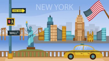 New York şehrinin tüm ünlü binaları renklidir. Skyline New York şehri tasarım kompozisyonu. Düz stil. Vektör illüstrasyonu