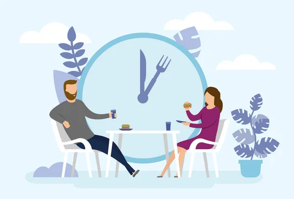 Мужчина и женщина едят вместе. Концепция бизнес-ланча. Большие часы с абстрактным фоном. Плоский стиль. Векторная иллюстрация — стоковый вектор