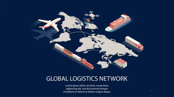 Concepto de red logística global isométrica. Aire, ferrocarril de transporte de carga, transporte marítimo, entrega por DRON, entrega puntual — Archivo Imágenes Vectoriales