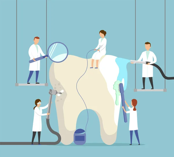 Concetto medico. Un gruppo di piccoli dentisti si prende cura di un dente grande. Illustrazione digitale moderna con forme lisce. Dente grande sullo sfondo astratto — Vettoriale Stock