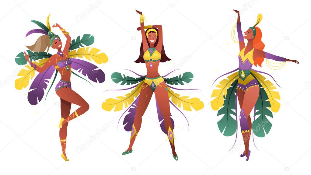 Set of Brazilian samba dancers. Carnival girls are wearing a festival costume and dancing.Flat style. Vector illustration