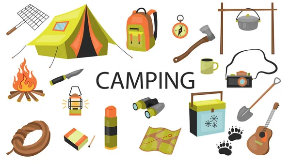 Camping concept. Set of equipment for camping with symbols and icons. Flat style. Vector illustration — Stock Vector