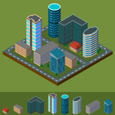 Gökdelenleri, ofisleri ve ikonları ayrı olan mağazaları olan Isometric şehir merkezi. Vektör illüstrasyonu