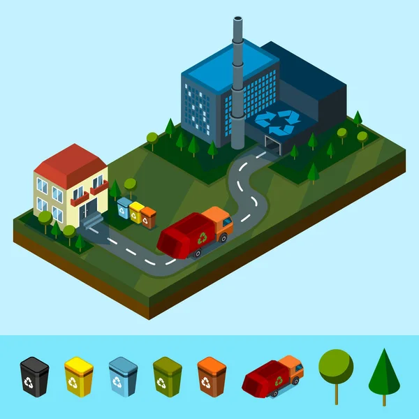 Izometrikus újrahasznosító üzem, ház és hulladékszállító teherautó, gondoskodó hulladék. Használható web banner, infografika, hős képek. Vektorillusztráció — Stock Vector
