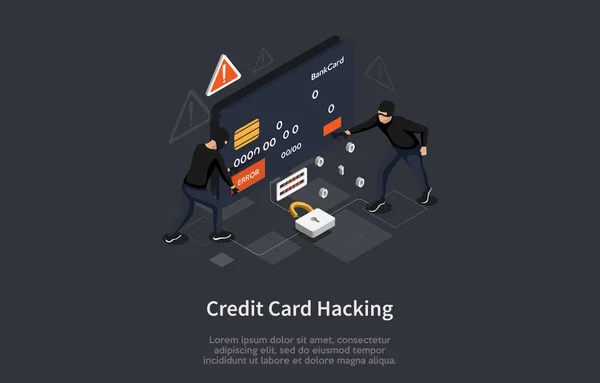 Conceito de segurança do cartão de crédito isométrico. Cartão de crédito hacking ataque por hackers. Ilustração vetorial —  Vetores de Stock