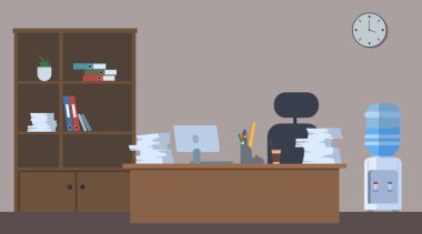 Mobilya ve dizüstü bilgisayarı olan boş bir ofis alanı. Düz stil. Vektör illüstrasyonu