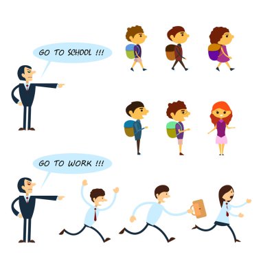 Beyaz arka planda bir grup iş adamı ve öğrenci izole edilmiş. Kızgın patron çalışanlara işe gitmeleri için bağırıyor. Kızgın öğretmen öğrencilere okula gidebilmeleri için bağırıyor.
