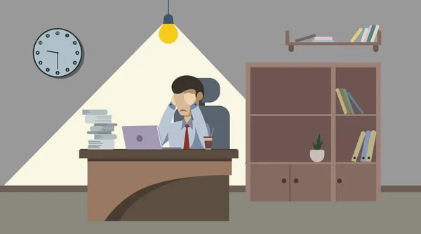 Professional burnout syndrome. Exhausted tired male manager in the office sad sitting with head down on laptop. Frustrated worker mental health problems. Flat style. Vector illustration — Stock Vector