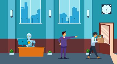 İşyerinde yeni bir robot var ve patron çalışanı kovuyor. İş adamı karakterleri ve tabelalar modaya uygun. Yapay zeka insanın yerini aldı. Düz stil. Vektör illüstrasyonu