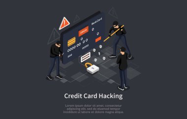 Isome kredi kartı güvenlik konsepti. Hackerların kredi kartı korsanlığı saldırısı. Vektör illüstrasyonu