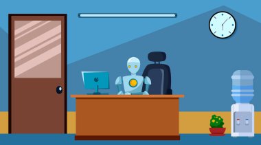 Modern Robot ofiste çalışıyor. Masadaki yapay zeka teknolojisi konseptinde oturuyor. Düz stil. Vektör İllüstrasyonu
