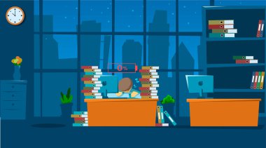 İş yerinde uyuyan iş adamı. Ofis çalışanı işyerinde. Düz stil. Vektör illüstrasyonu