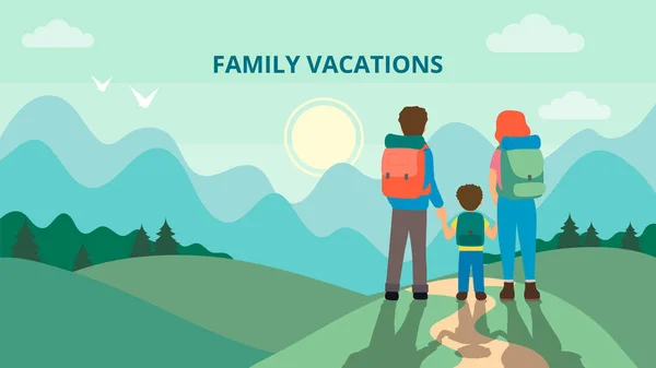 Щаслива сім'я гуляє в горах. Батько, мати і діти подорожують по горах. Похід до природи. Плоский стиль. Векторні ілюстрації — стоковий вектор