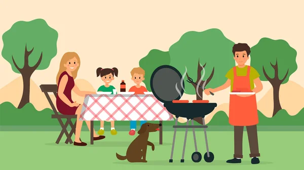 Family time concept. Happy family at a picnic. Father is preparing a barbecue grill in the back yard. Flat style. Vector illustration — Stock Vector