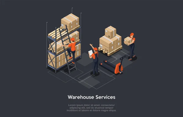 Isometrische magazijndiensten concept. Industrieel magazijn met rek met pakketten en handpallettruck, vrachtdienst. Werknemers sorteren technologische goederen. Vectorillustratie — Stockvector