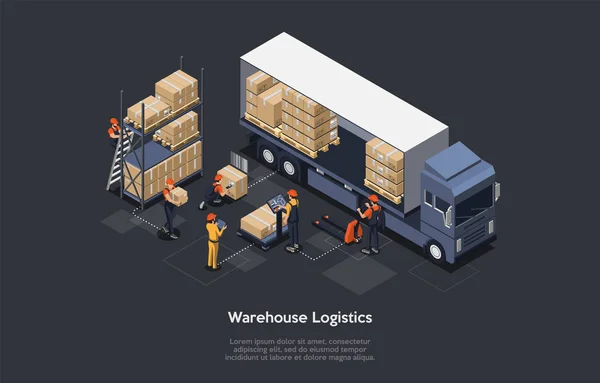 Isometric warehouse logistics concept. Modern interior of warehouse, loading and unloading process of delivery vehicles. Equipment for cargo delivery. Vector illustration — Stock Vector